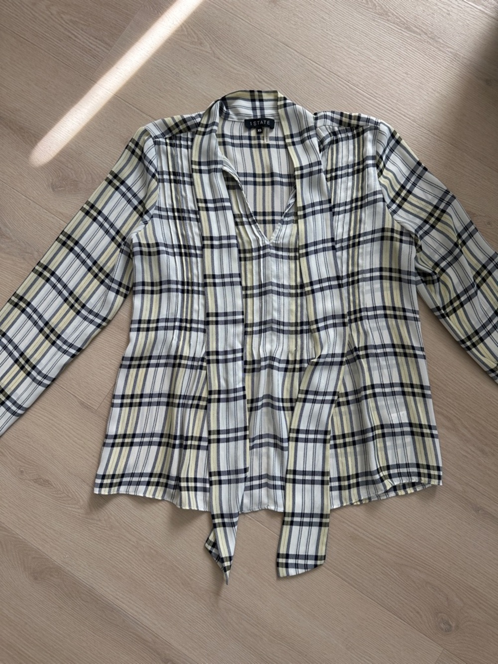 1. State Plaid Tie-Neck Blouse